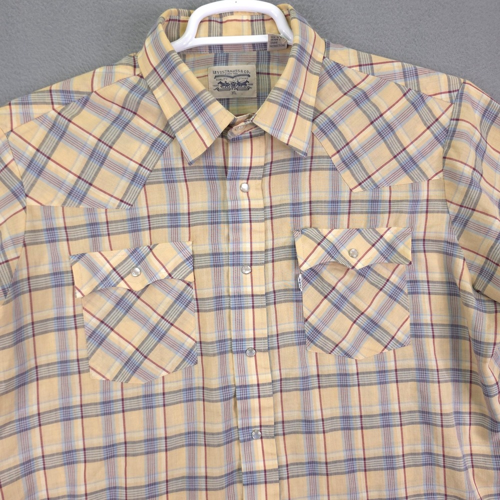 Vintage Levis Western Shirt Pearl Snap Plaid Yellow XL Short Sleeve 90s